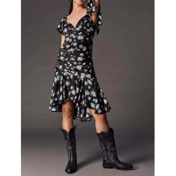 Anthropologie Dresses & Skirts - By Anthropologie Sweetheart Ruched Drop-Waist Dress Black Blue Floral XL